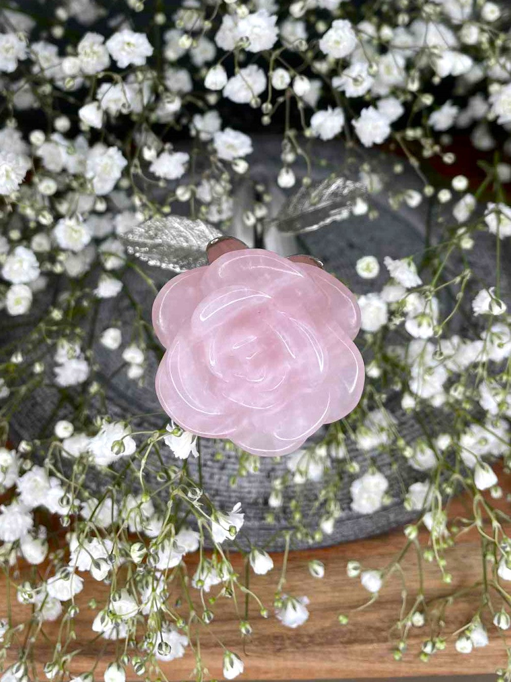 Stunning Rose Quartz Crystal Rose Silver Stem