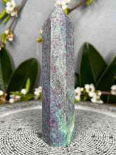 Load image into Gallery viewer, Stunning UV Reactive Ruby Fuchsite Kyanite Crystal Tower Point
