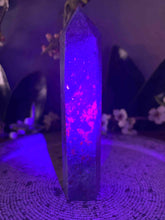 Load image into Gallery viewer, UV Reactive Ruby Fuchsite Kyanite Crystal Tower Point
