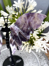 Load image into Gallery viewer, Amethyst Chevron Crystal Butterfly Wings On Black Stand
