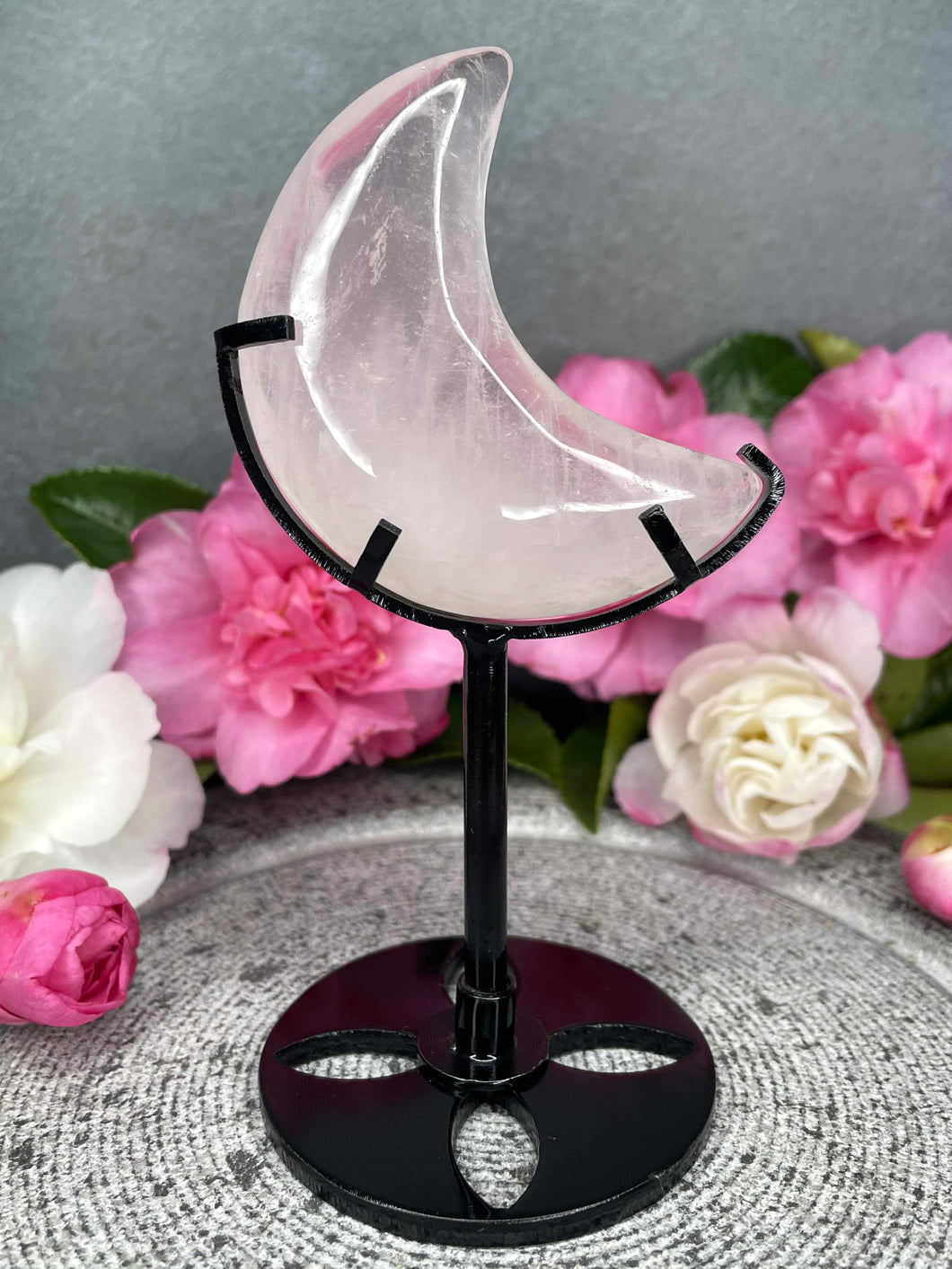 Soft Rose Quartz Crystal Crescent Moon Carving Black Stand