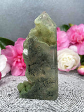 Load image into Gallery viewer, Peaceful Prehnite Crystal Tower Point Freeform With Raw Druzy
