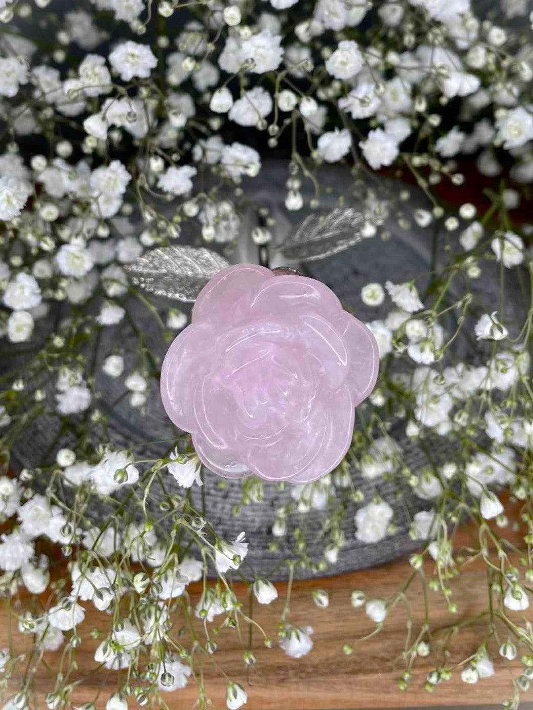 Gorgeous Rose Quartz Crystal Rose Silver Stem