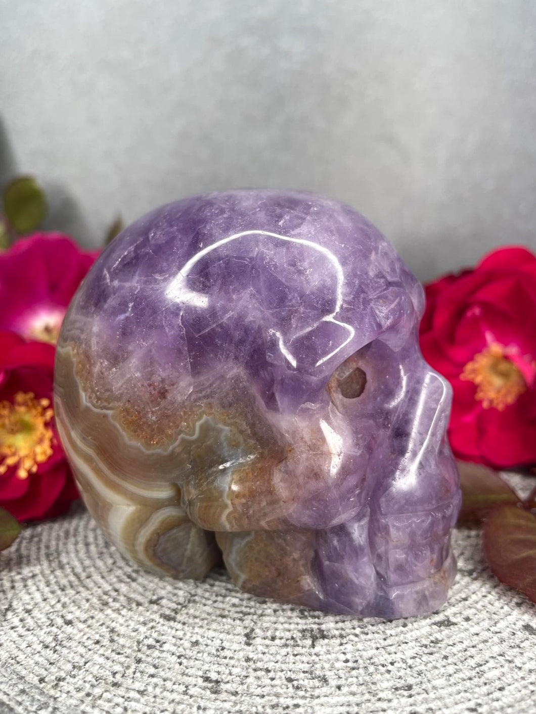 Stunning Mexican Crazy Lace Agate Amethyst Crystal Skull Carving