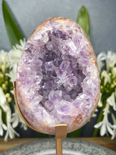 Load image into Gallery viewer, Breathtaking Pink Amethyst Flower Agate Crystal Egg On Gold Stand
