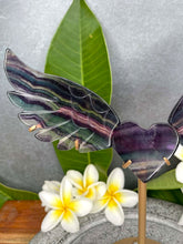 Load image into Gallery viewer, Rainbow Fluorite Angel Wings Heart Carving Gold Stand
