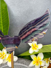 Load image into Gallery viewer, Rainbow Fluorite Angel Wings Heart Carving Gold Stand

