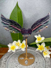 Load image into Gallery viewer, Rainbow Fluorite Angel Wings Heart Carving Gold Stand
