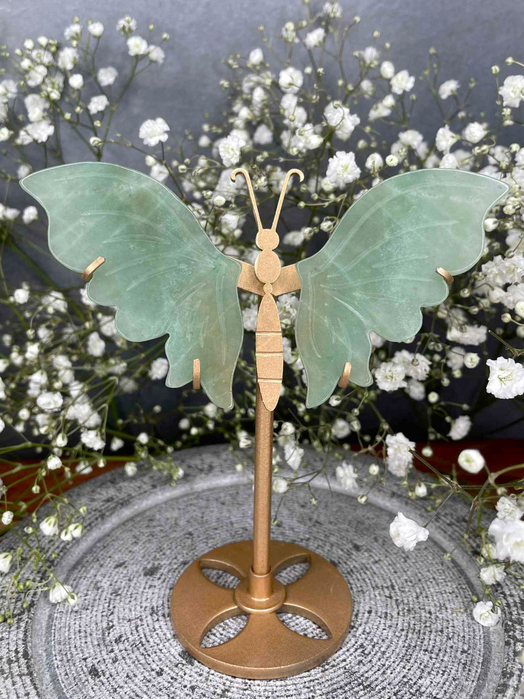 Lucky Green Aventurine Crystal Butterfly Wings On Gold Stand