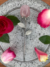 Load image into Gallery viewer, Breathtaking Rose Quartz Rose Crystal Carving With Silver Stem
