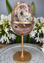 Load image into Gallery viewer, Breathtaking Pink Amethyst Flower Agate Crystal Egg On Gold Stand
