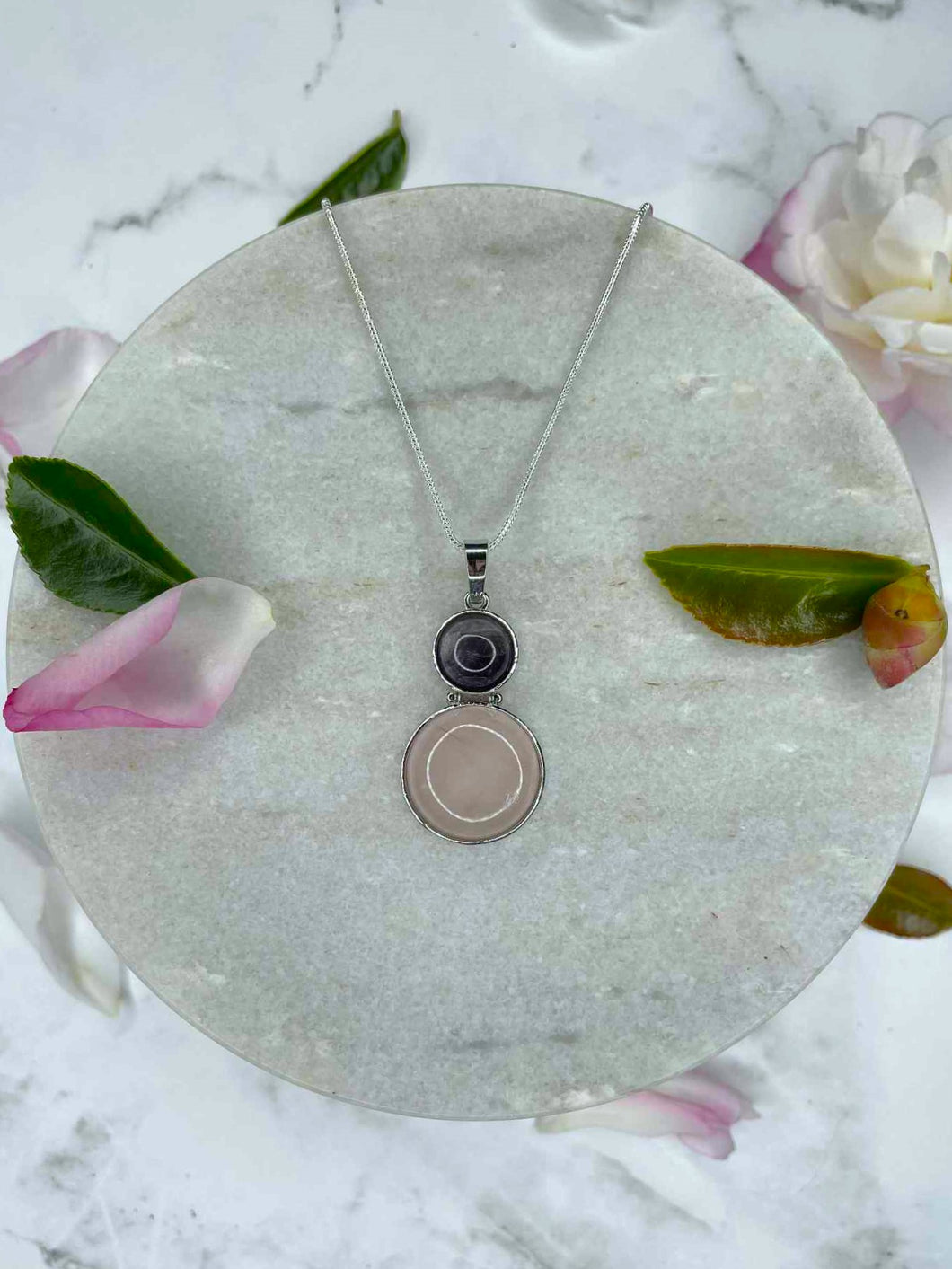 Rose Quartz & Amethyst Double Pendant Silver Necklace