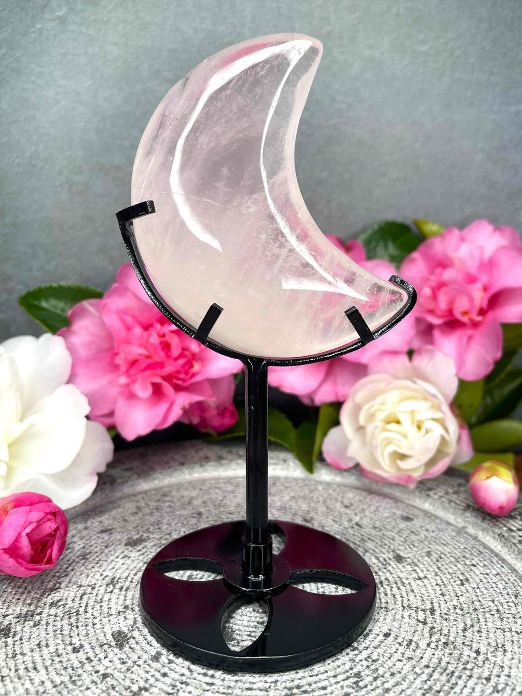 Stunning Rose Quartz Crystal Crescent Moon Carving On Black Stand