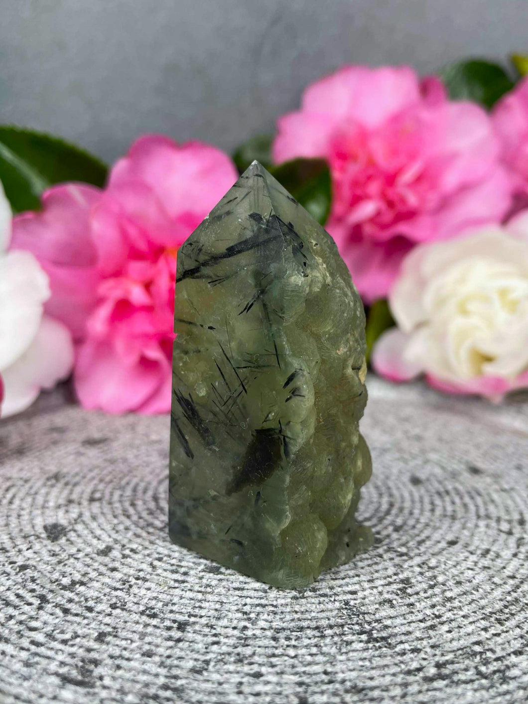 Powerful Prehnite Crystal Tower Point Freeform With Raw Druzy