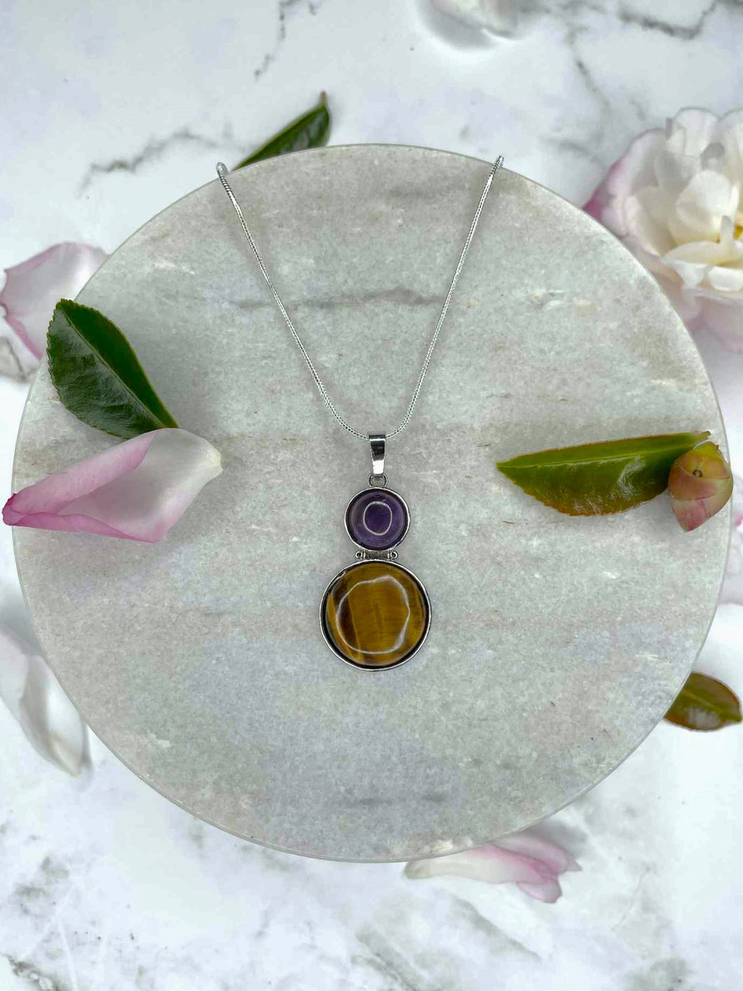Amethyst & Tiger's Eye Double Pendant Silver Necklace