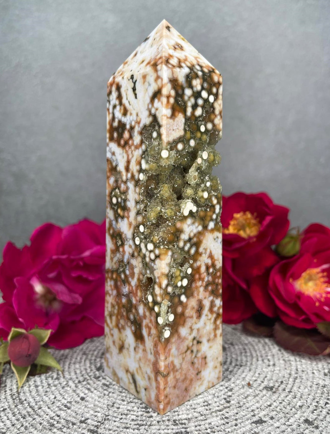 Druzy Orbicular Ocean Jasper Crystal Tower Point
