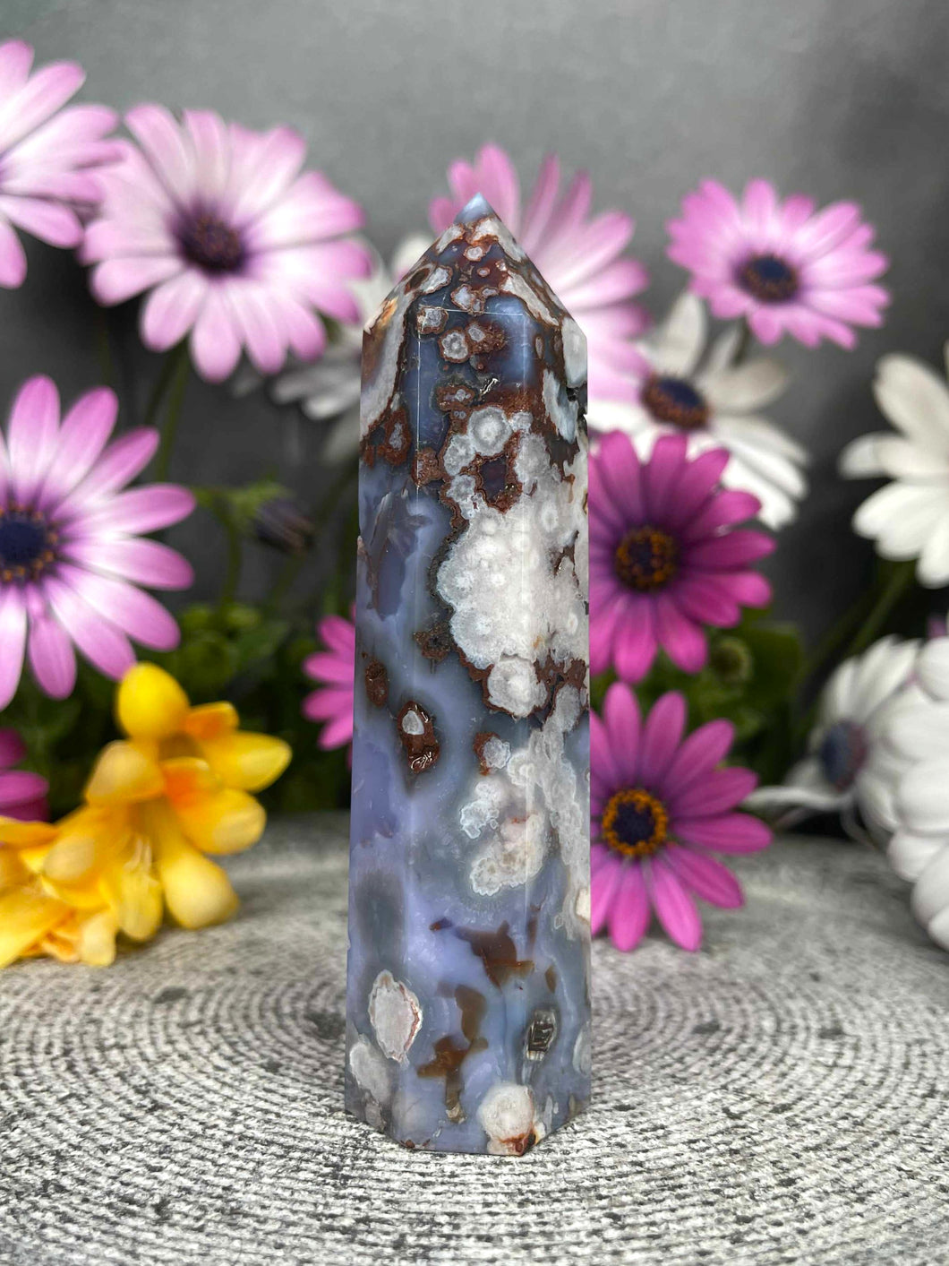 Gentle Blue Flower Agate Crystal Tower Point