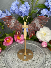 Load image into Gallery viewer, Red Mexican Crazy Lace Agate Crystal Butterfly Wings On Gold Stand
