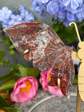 Load image into Gallery viewer, Red Mexican Crazy Lace Agate Crystal Butterfly Wings On Gold Stand
