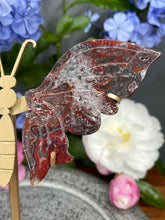 Load image into Gallery viewer, Red Mexican Crazy Lace Agate Crystal Butterfly Wings On Gold Stand
