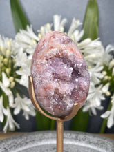 Load image into Gallery viewer, Pink Amethyst Flower Agate Crystal Egg On Gold Stand
