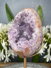 Load image into Gallery viewer, Breathtaking Pink Amethyst Flower Agate Crystal Egg On Gold Stand
