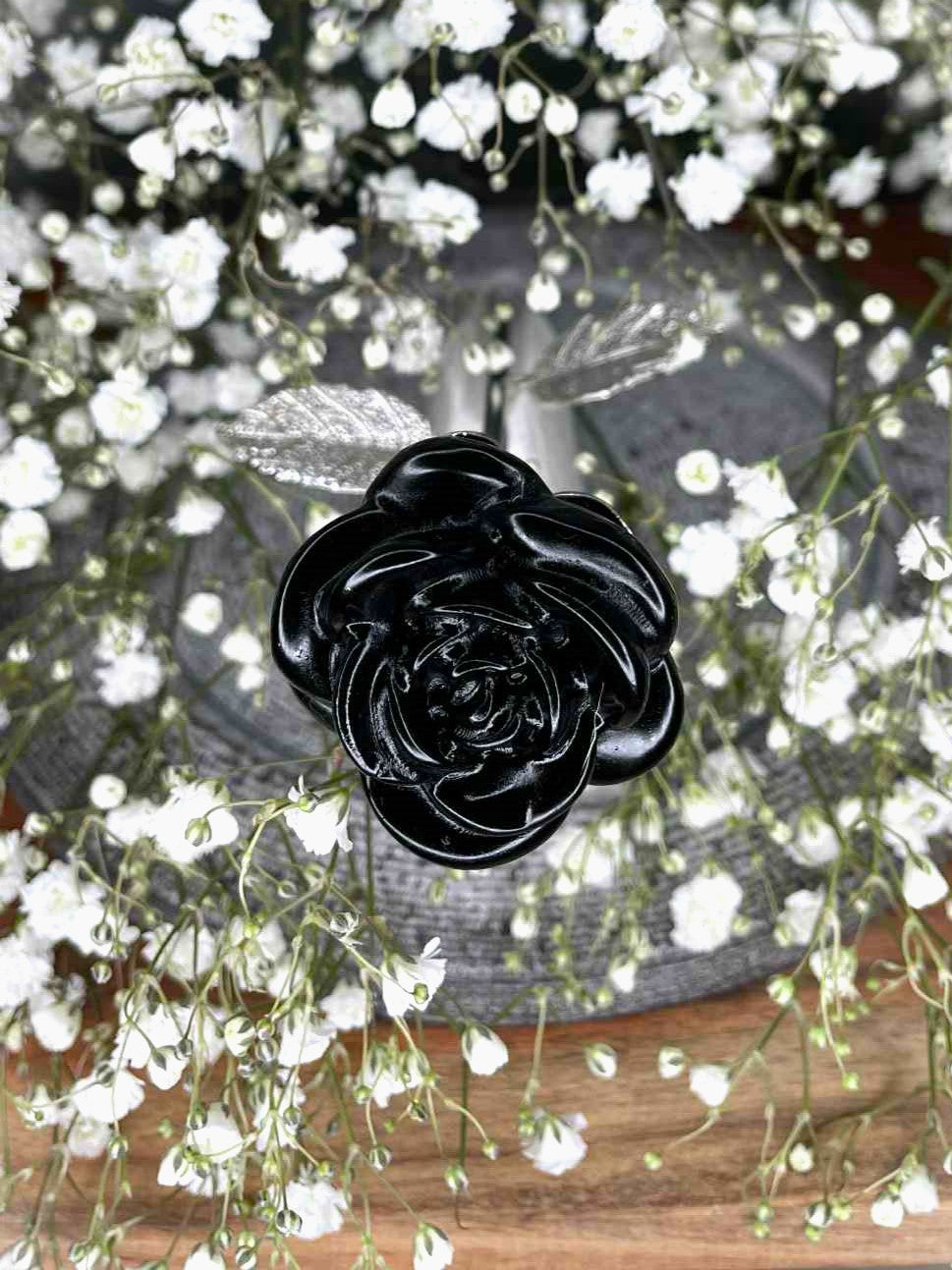 Strength Obsidian Crystal Rose Silver Stem