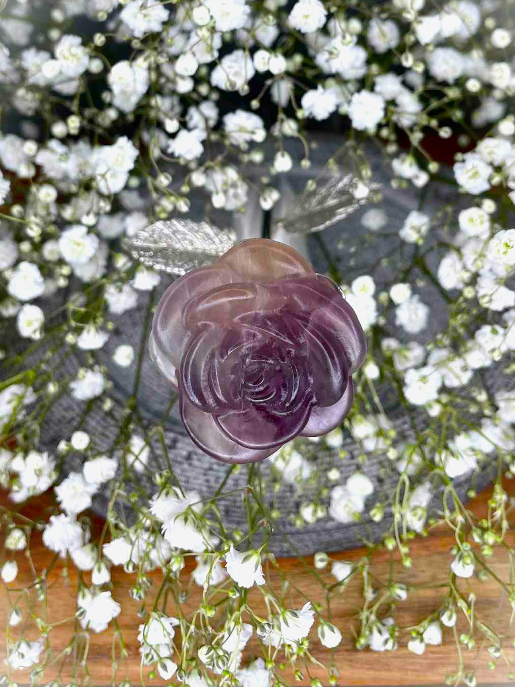 Gorgeous Candy Fluorite Crystal Rose Carving Silver Stem