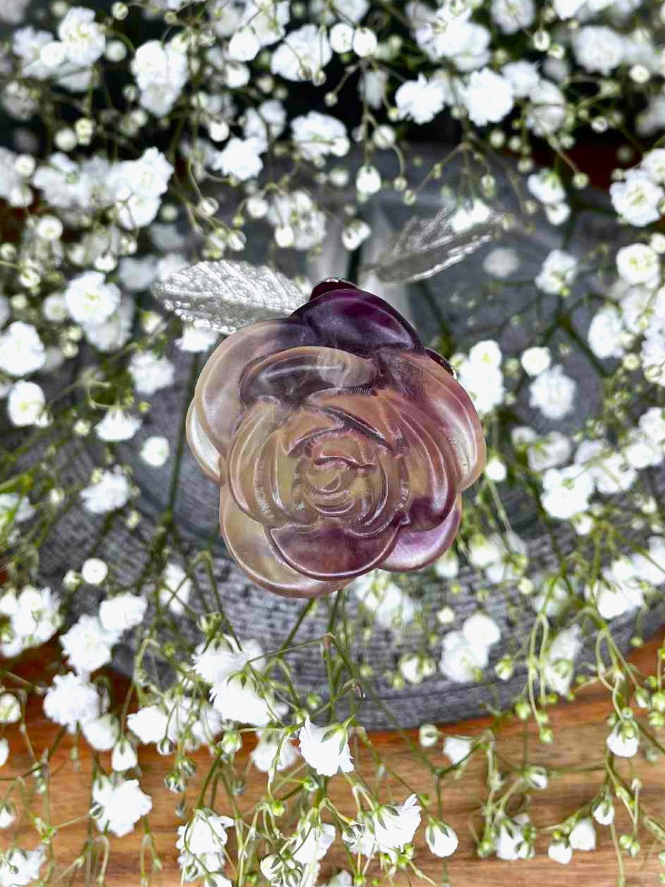 Pretty Candy Fluorite Crystal Rose Carving Silver Stem