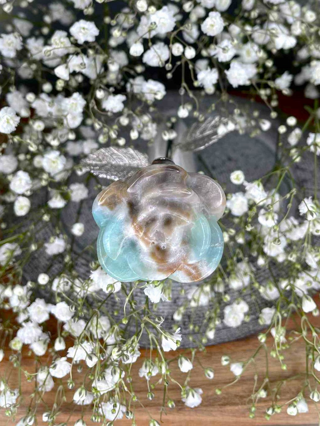 Tranquil Caribbean Calcite Crystal Rose Silver Stem