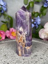 Load image into Gallery viewer, Discounted Natural Raw Chevron Dream Amethyst Crystal Tower Point
