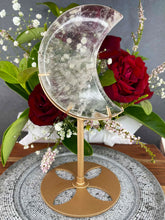 Load image into Gallery viewer, Beautiful Clear Quartz Crescent Moon On Gold Stand
