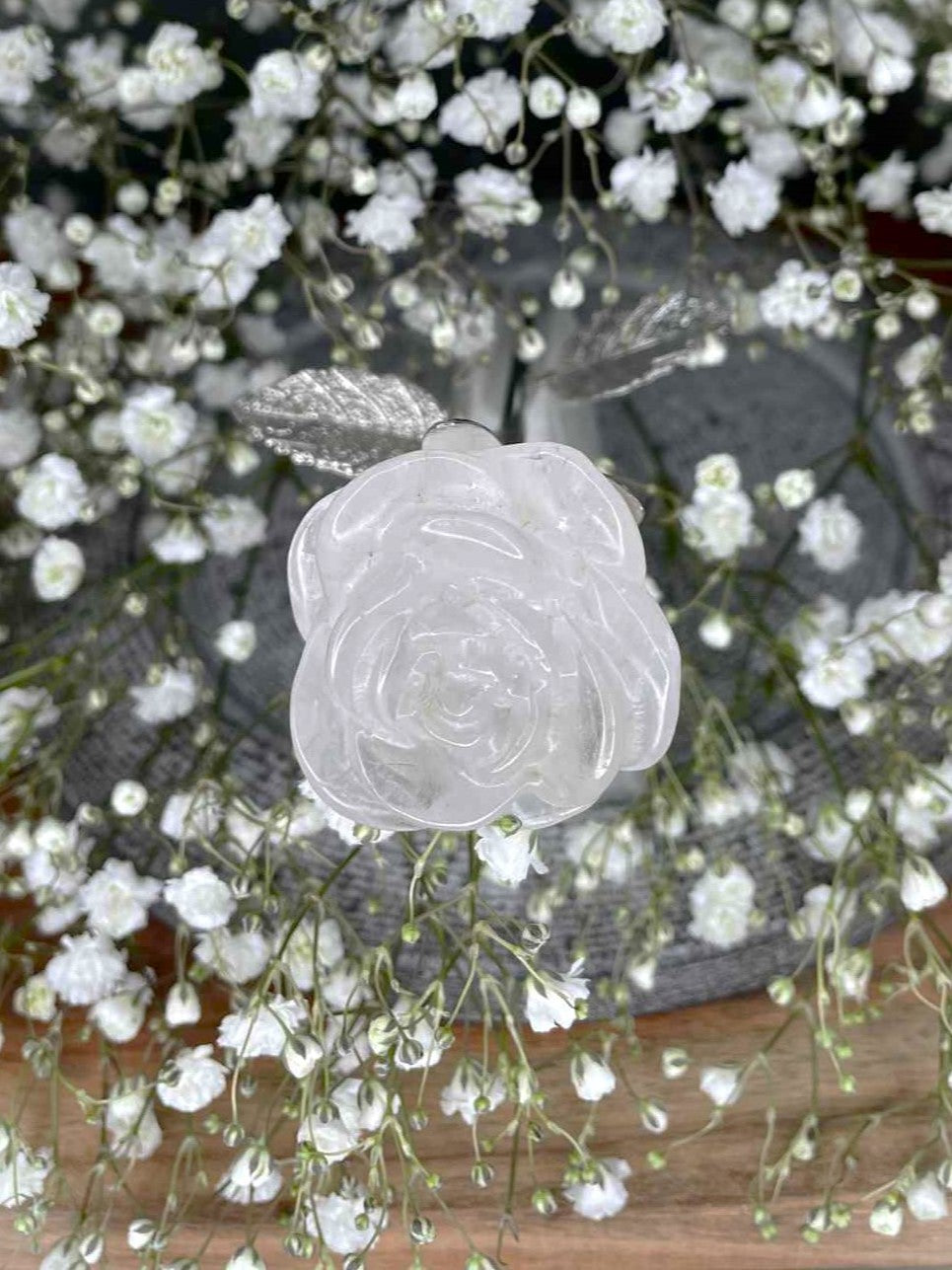 Amplification Clear Quartz Crystal Rose Silver Stem