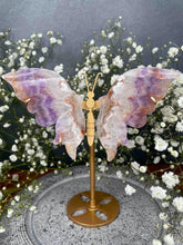 Load image into Gallery viewer, Mexican Crazy Lace Agate Amethyst Crystal Butterfly Wings On Gold Stand
