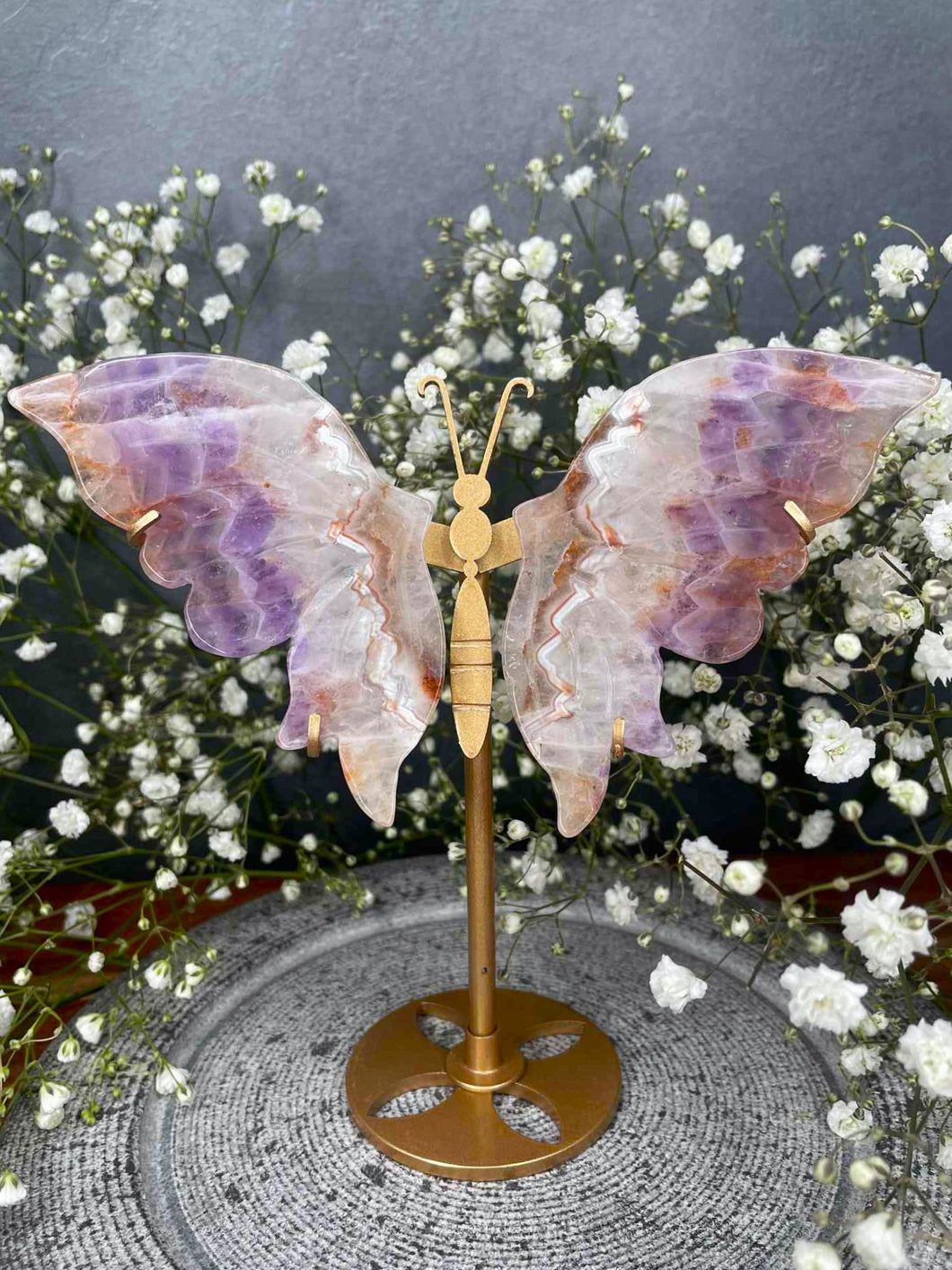 Mexican Crazy Lace Agate Amethyst Crystal Butterfly Wings On Gold Stand