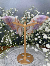 Load image into Gallery viewer, Mexican Crazy Lace Agate Amethyst Crystal Butterfly Wings On Gold Stand
