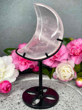 Load image into Gallery viewer, Rose Quartz Crystal Crescent Moon Carving On Black Stand
