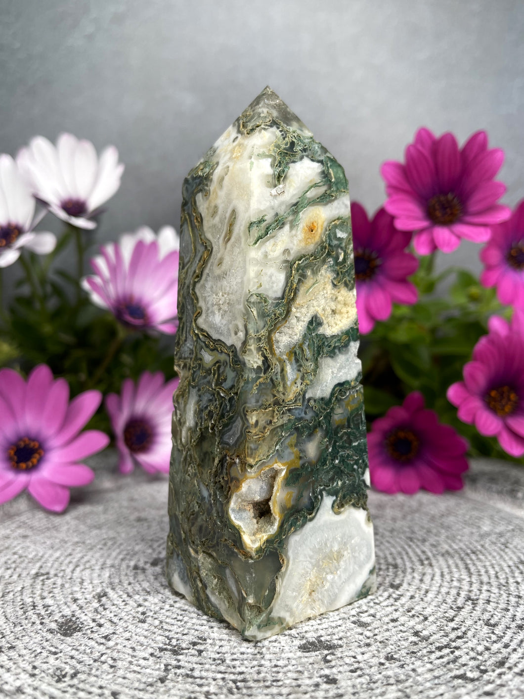 Stunning Moss Agate Crystal Tower Point