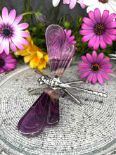 Load image into Gallery viewer, DISCOUNTED Purple Fluorite Dragonfly Silver Stand
