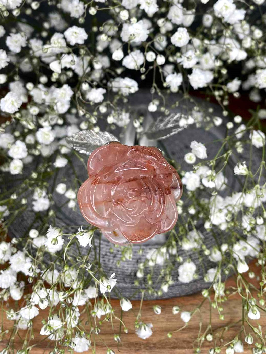 Natural Fire Quartz Crystal Rose Silver Stem