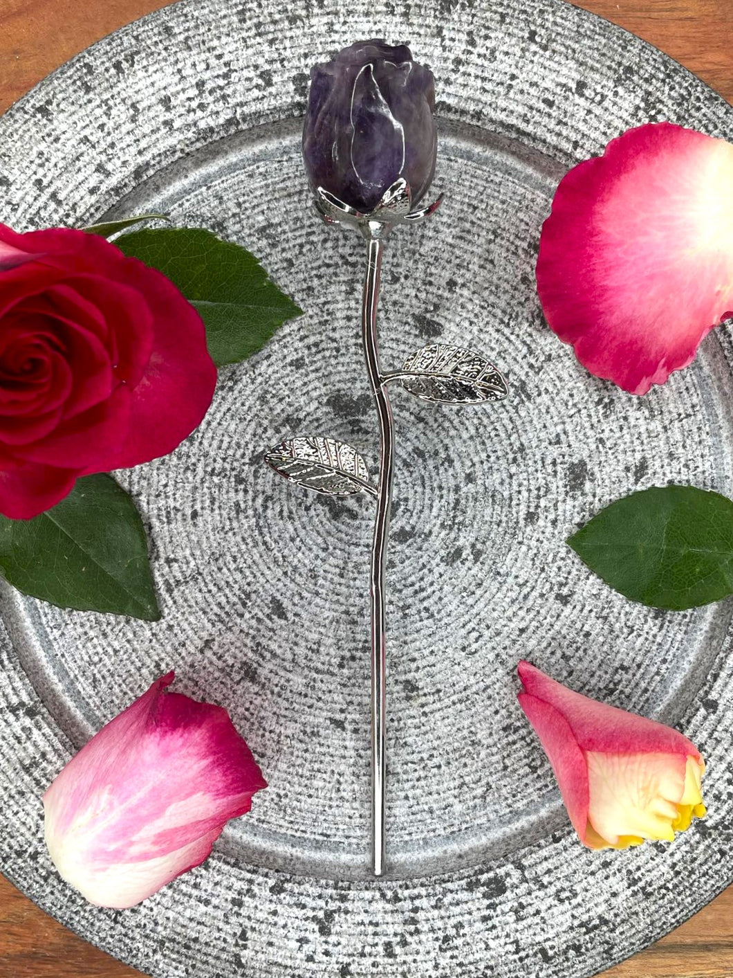 Amethyst Rose Crystal Carving With Silver Stem