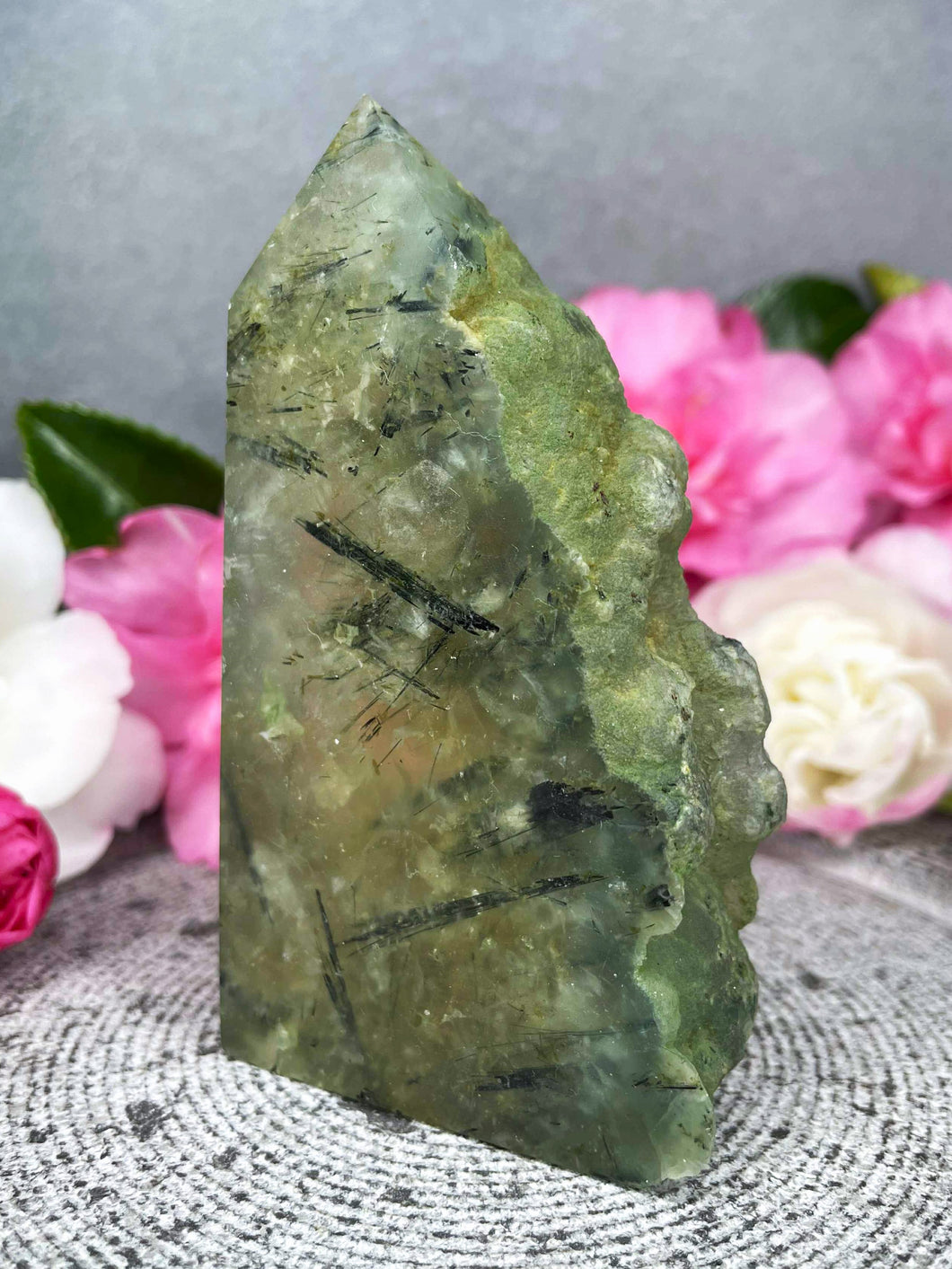 Grounding Prehnite Crystal Tower Point Freeform With Raw Druzy