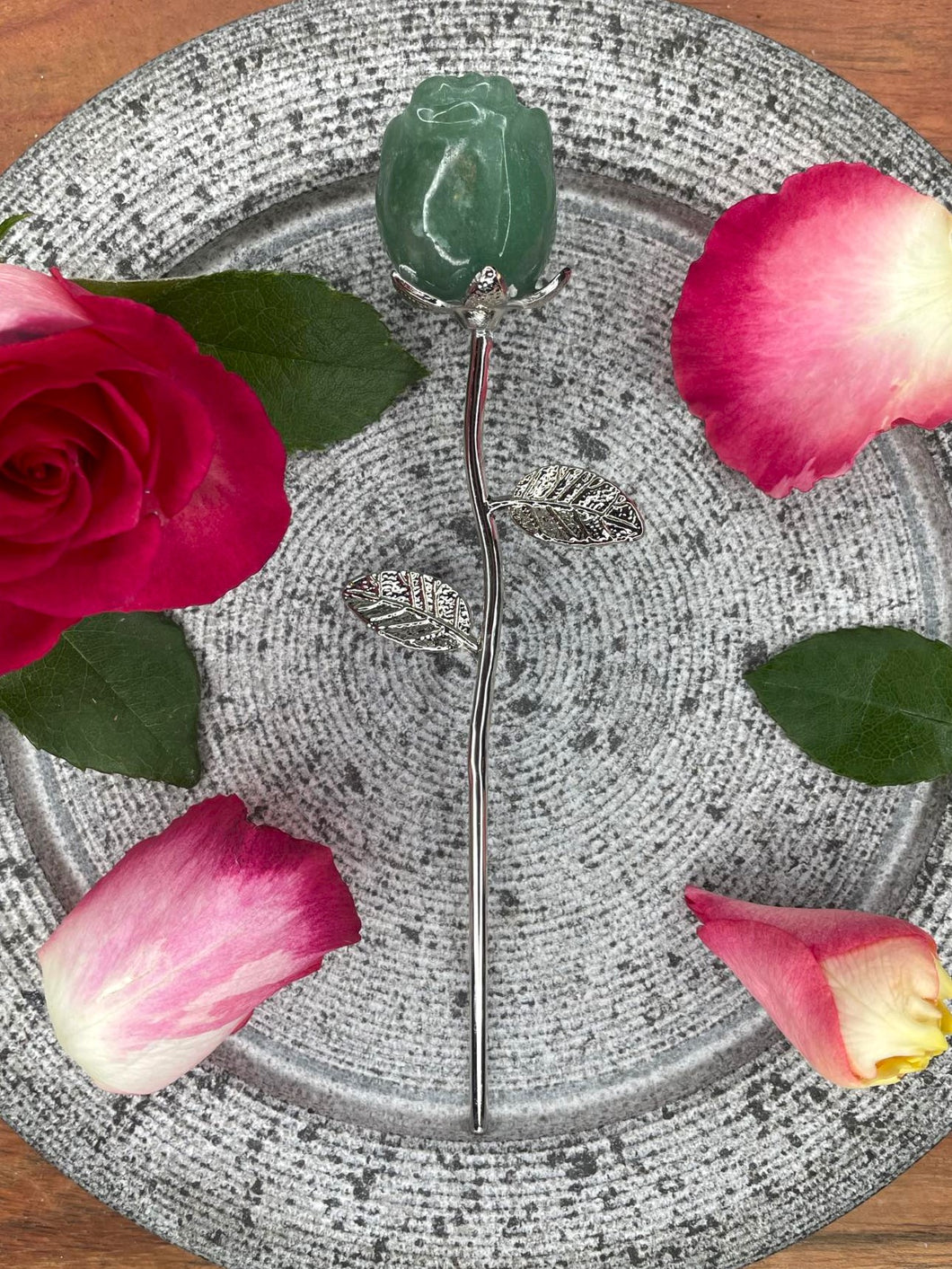 Green Aventurine Rose Crystal Carving With Silver Stem