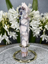 Load image into Gallery viewer, Elegant Blue Flower Agate Wand With Gold Metal Stand
