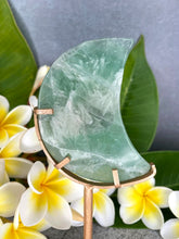 Load image into Gallery viewer, Green Snowflake Fluorite Crescent Moon On Gold Metal Stand
