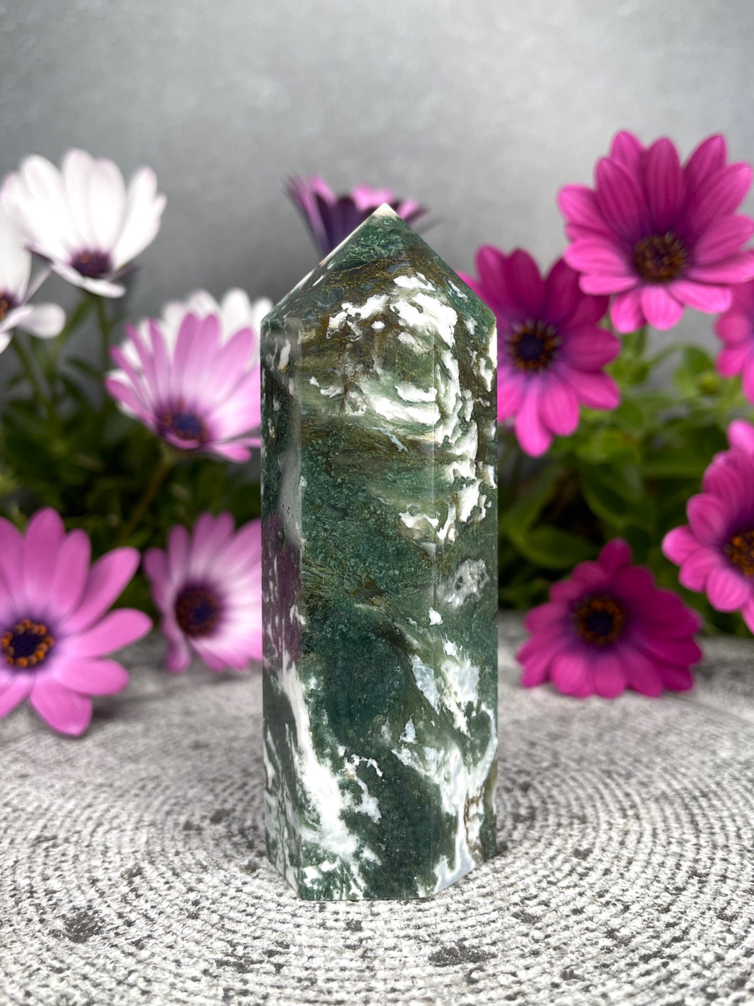 Soothing Natural Moss Agate Crystal Tower Point