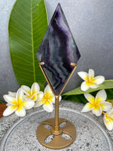 Load image into Gallery viewer, Rainbow Fluorite Diamond Carving Gold Stand

