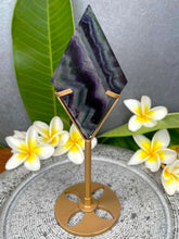 Load image into Gallery viewer, Stunning Rainbow Fluorite Diamond Carving Gold Stand
