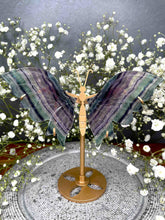 Load image into Gallery viewer, Beautiful Rainbow Fluorite Butterfly Wings On Gold Stand
