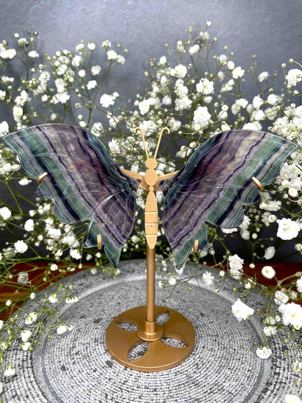 Beautiful Rainbow Fluorite Butterfly Wings On Gold Stand